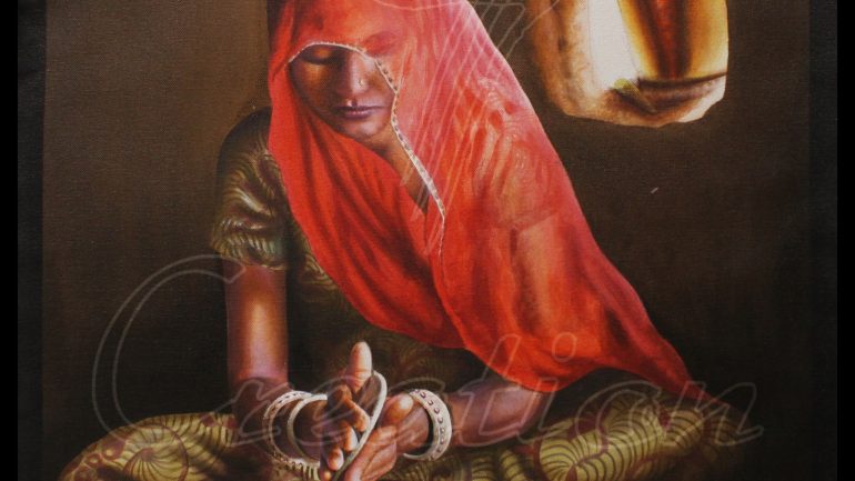 Rajasthani Traditional Woman cooking Original Handmade Painting